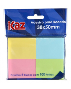 Bloco Auto Adesivo Colorido Kaz 38mmx50mm - Pct com 4x100 folhas